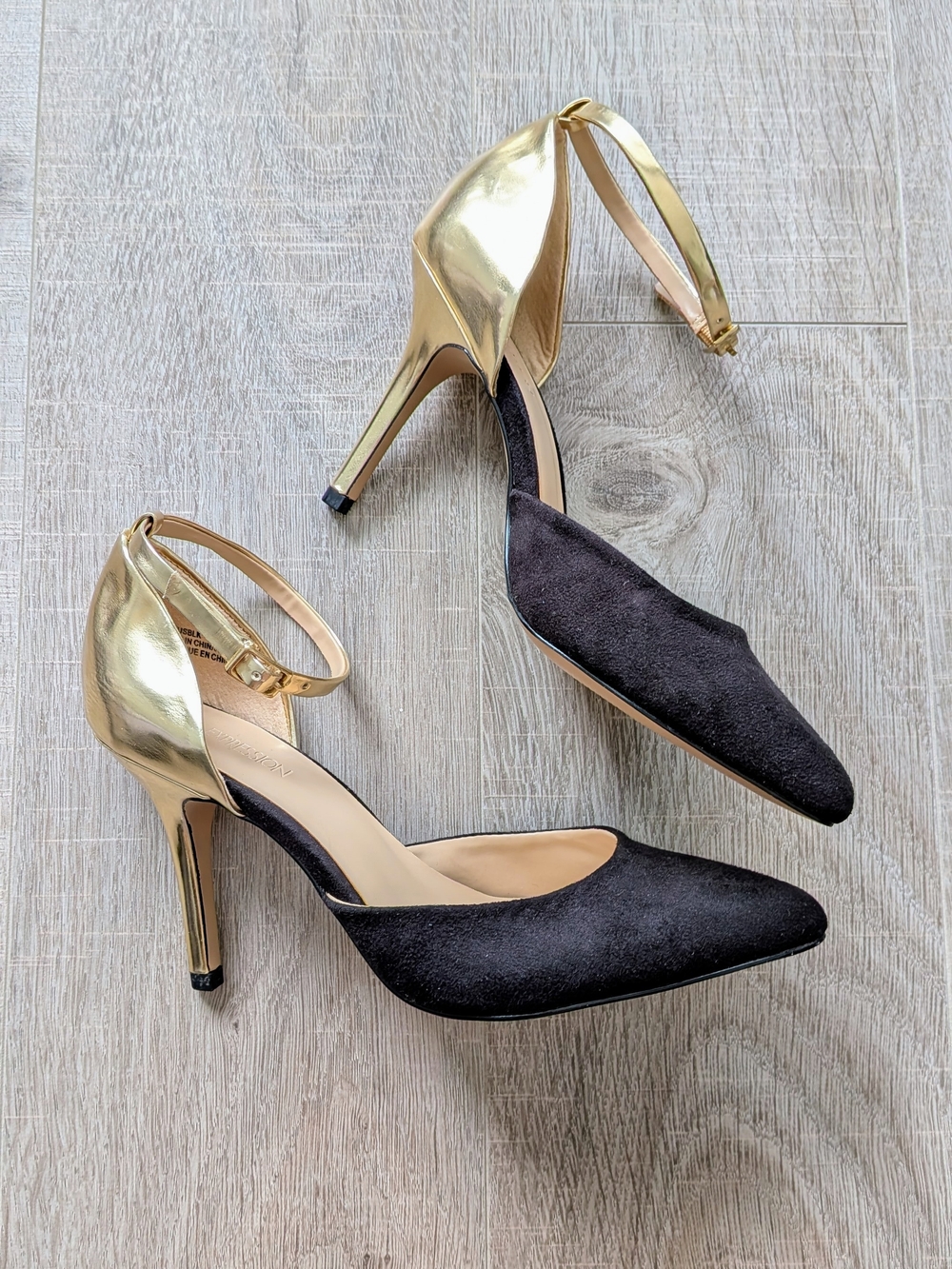 Expression Black Faux Suede Metallic Gold Pointed Toe D'Orsay Colorblock Heels 6
